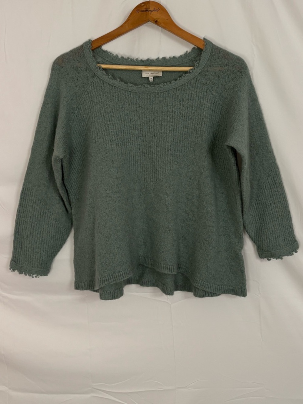 Lucky Brand Seafoam Green Scallop Trim, Decorative Ribbed Sweater